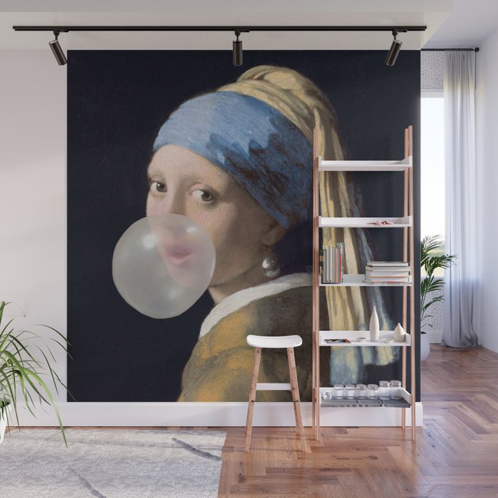 Girl with pearl earring blowing bubble gum Wall Mural Gallery Image 1