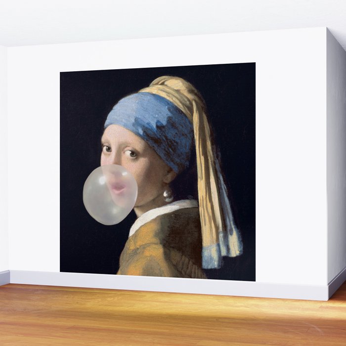 Girl with pearl earring blowing bubble gum Wall Mural Gallery Image 2