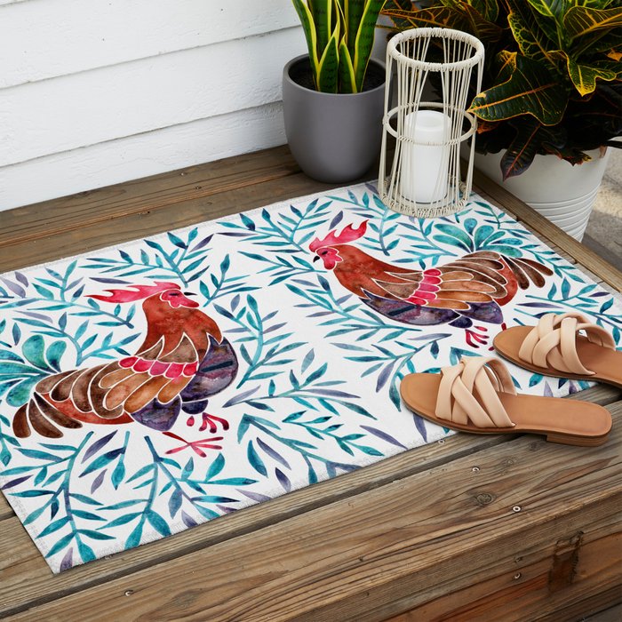 Le Coq - Watercolor Rooster with Turquoise Leaves Outdoor Rug Gallery Image 2