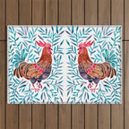 Le Coq - Watercolor Rooster with Turquoise Leaves Outdoor Rug Gallery Image 1