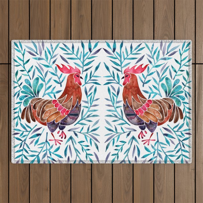 Le Coq - Watercolor Rooster with Turquoise Leaves Outdoor Rug Gallery Image 1