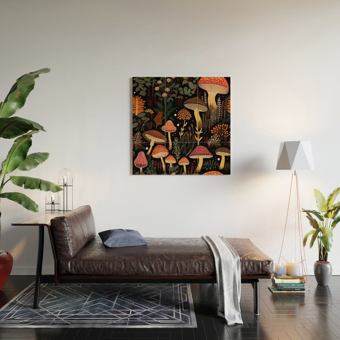 Dark Forest Magic Mushrooms Art Wood Wall Art Gallery Image 2