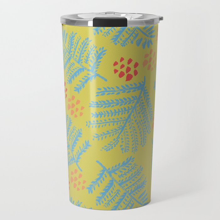 Winter & Woodsy Pine Trees in Yellow & Blue Travel Mug Gallery Image 1
