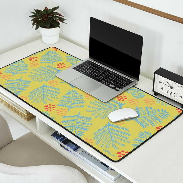 Winter & Woodsy Pine Trees in Yellow & Blue Desk Mat Gallery Image 2