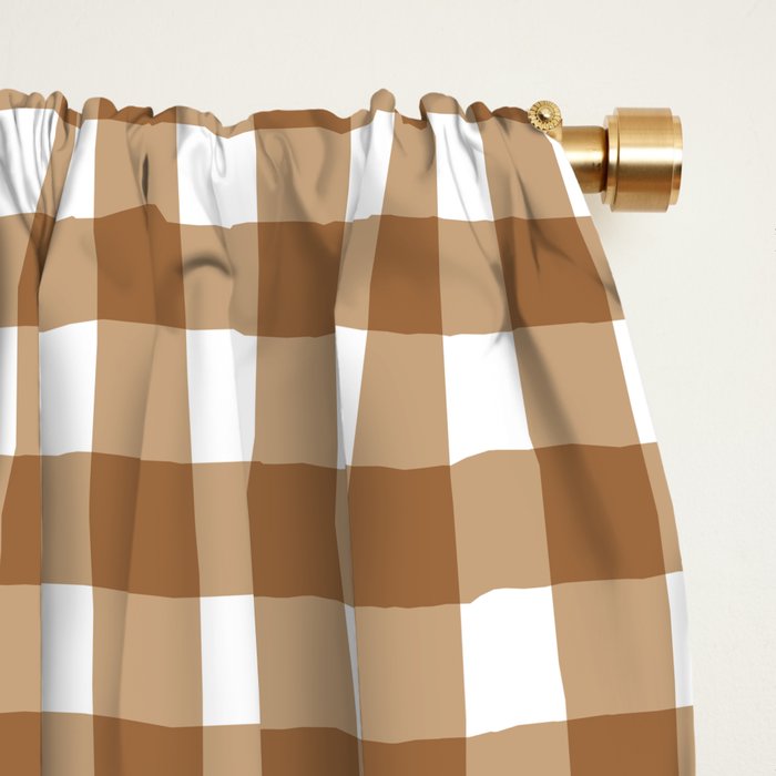 Gingham Plaid Checkered Pattern in Coffee Brown and White Window Curtain Gallery Image 2