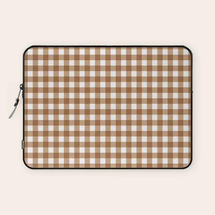 Gingham Plaid Checkered Pattern in Coffee Brown and White Laptop Sleeve Gallery Image 1
