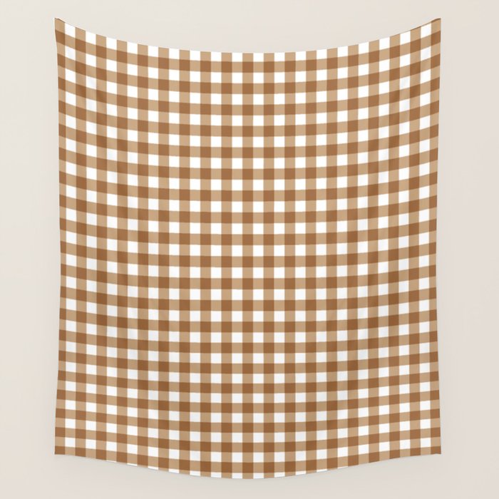 Gingham Plaid Checkered Pattern in Coffee Brown and White Wall Tapestry Gallery Image 4