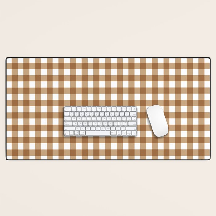 Gingham Plaid Checkered Pattern in Coffee Brown and White Desk Mat Gallery Image 1