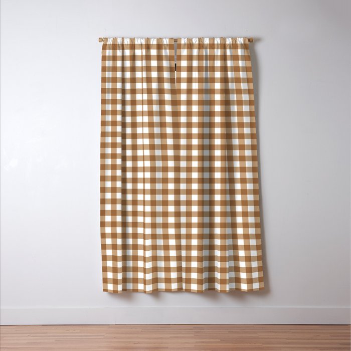 Gingham Plaid Checkered Pattern in Coffee Brown and White Window Curtain Gallery Image 3