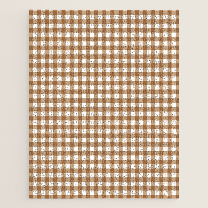 Gingham Plaid Checkered Pattern in Coffee Brown and White Jigsaw Puzzle Gallery Image 1