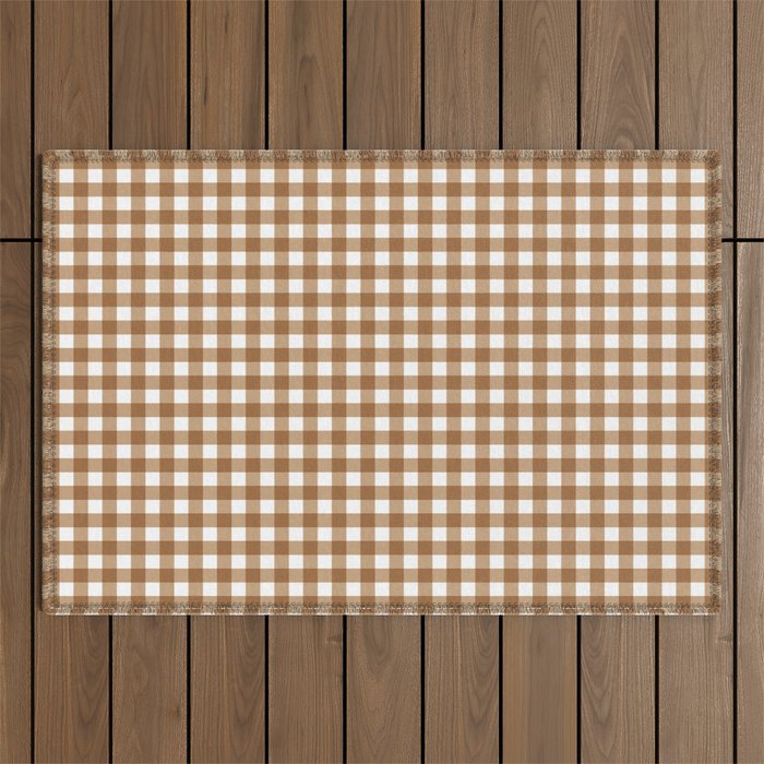 Gingham Plaid Checkered Pattern in Coffee Brown and White Outdoor Rug Gallery Image 1