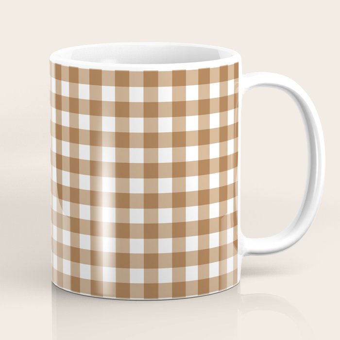 Gingham Plaid Checkered Pattern in Coffee Brown and White Coffee Mug Gallery Image 1