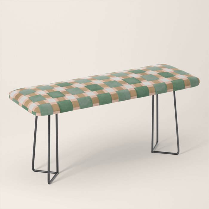 Retro plaid checks geometry Green Ocre Bench Gallery Image 1
