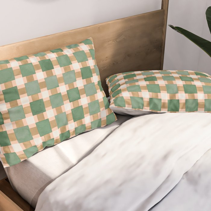 Retro plaid checks geometry Green Ocre Pillow Sham Gallery Image 2