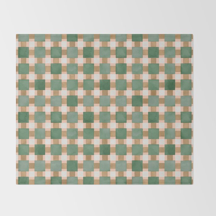 Retro plaid checks geometry Green Ocre Throw Blanket Gallery Image 2