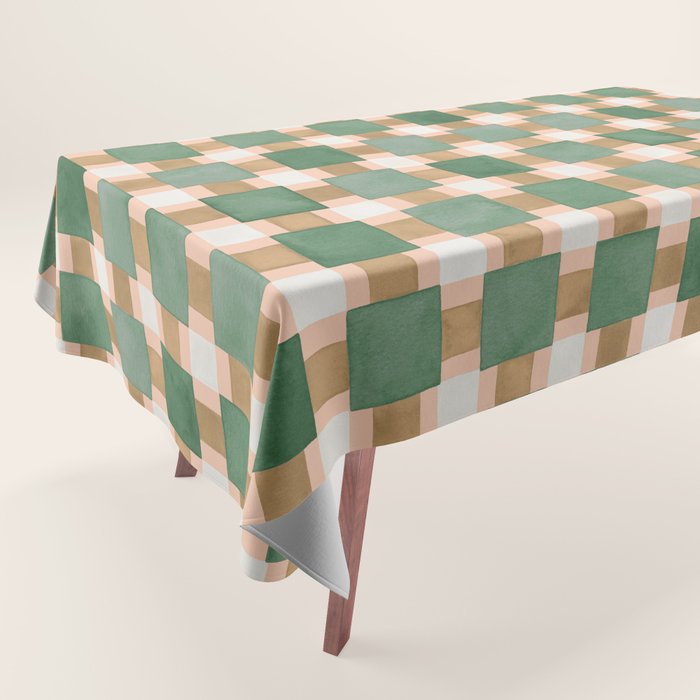 Retro plaid checks geometry Green Ocre Tablecloth Gallery Image 1