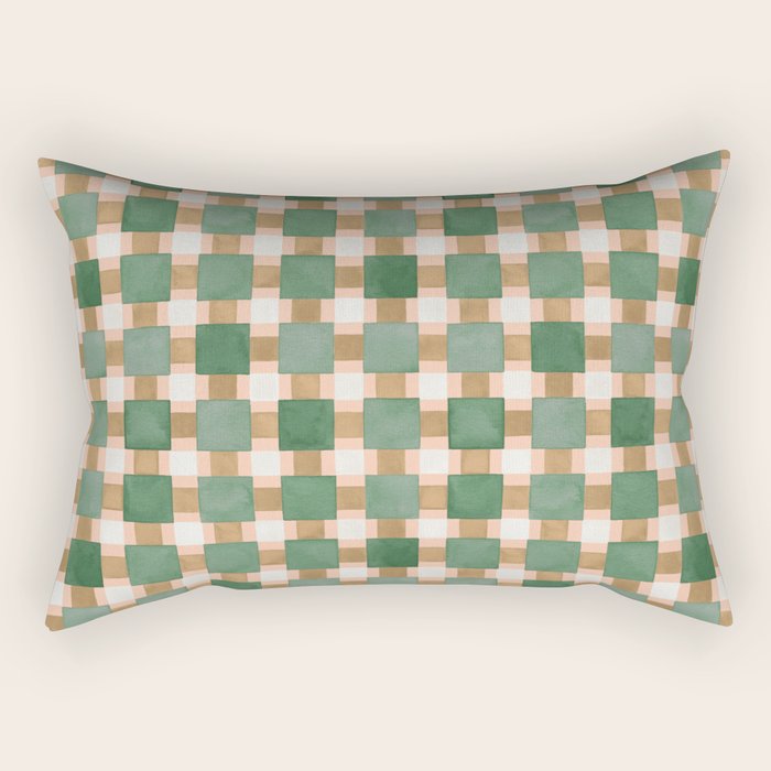 Retro plaid checks geometry Green Ocre Rectangular Pillow Gallery Image 2