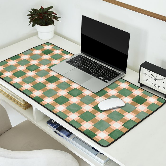 Retro plaid checks geometry Green Ocre Desk Mat Gallery Image 2