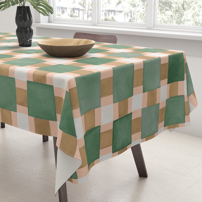 Retro plaid checks geometry Green Ocre Tablecloth Gallery Image 3