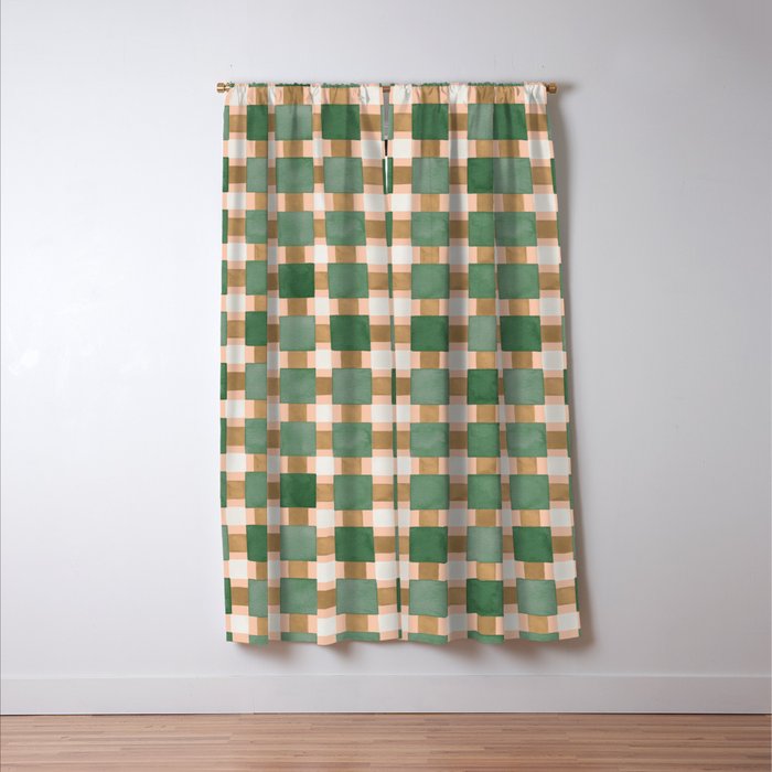 Retro plaid checks geometry Green Ocre Window Curtain Gallery Image 3