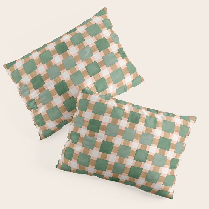Retro plaid checks geometry Green Ocre Pillow Sham Gallery Image 3