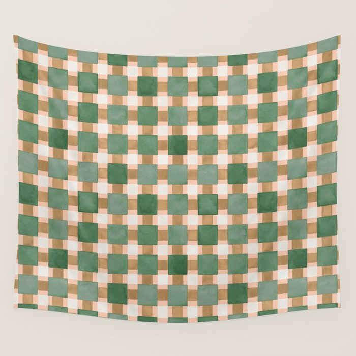 Retro plaid checks geometry Green Ocre Wall Tapestry Gallery Image 1