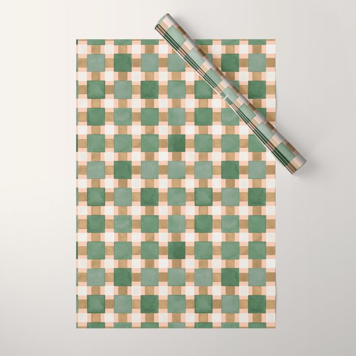 Retro plaid checks geometry Green Ocre Wrapping Paper Gallery Image 1
