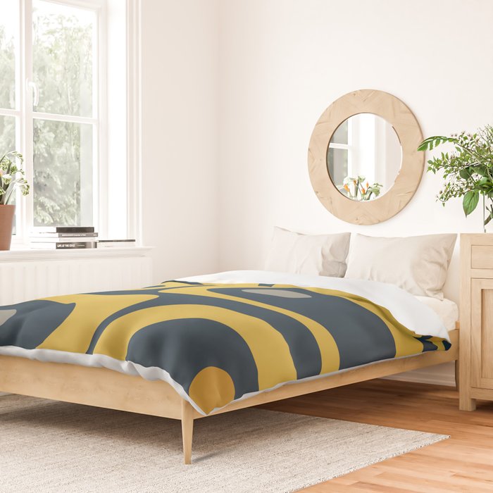 Mid Century Modern Piquet Abstract Minimalist Pattern in Light and Dark Mustard, Gray, and Navy Blue Duvet Cover Gallery Image 2