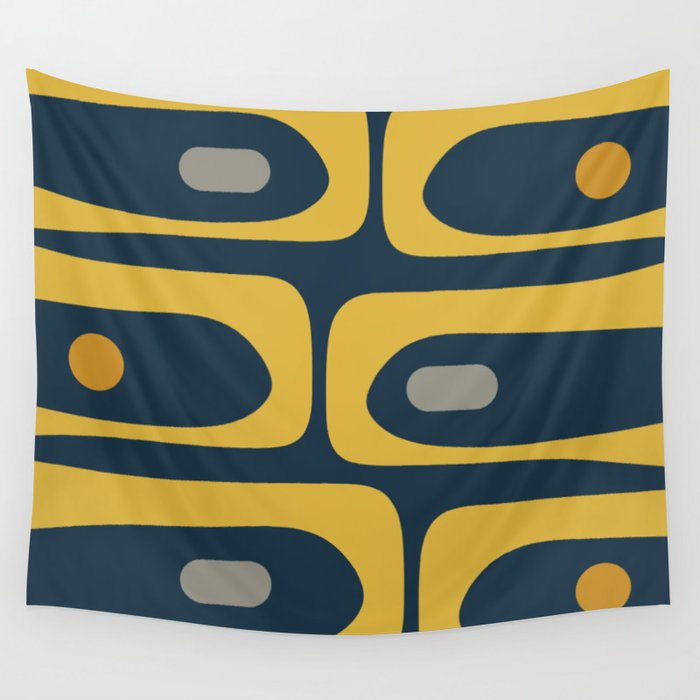 Mid Century Modern Piquet Abstract Minimalist Pattern in Light and Dark Mustard, Gray, and Navy Blue Wall Tapestry Gallery Image 4