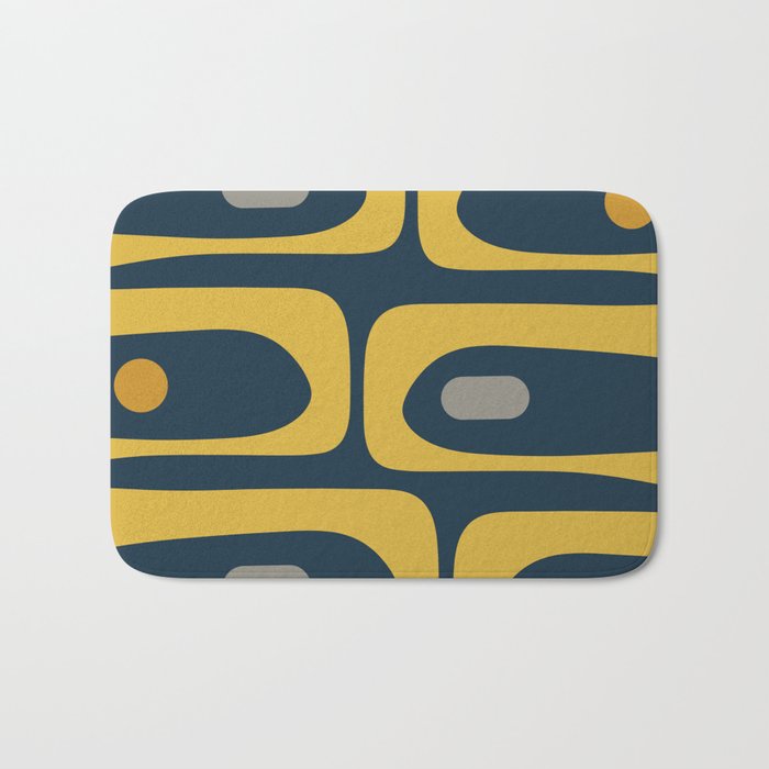 Mid Century Modern Piquet Abstract Minimalist Pattern in Light and Dark Mustard, Gray, and Navy Blue Bath Mat Gallery Image 1