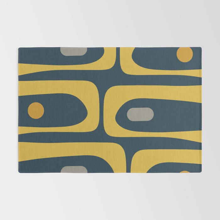 Mid Century Modern Piquet Abstract Minimalist Pattern in Light and Dark Mustard, Gray, and Navy Blue Rug Gallery Image 2