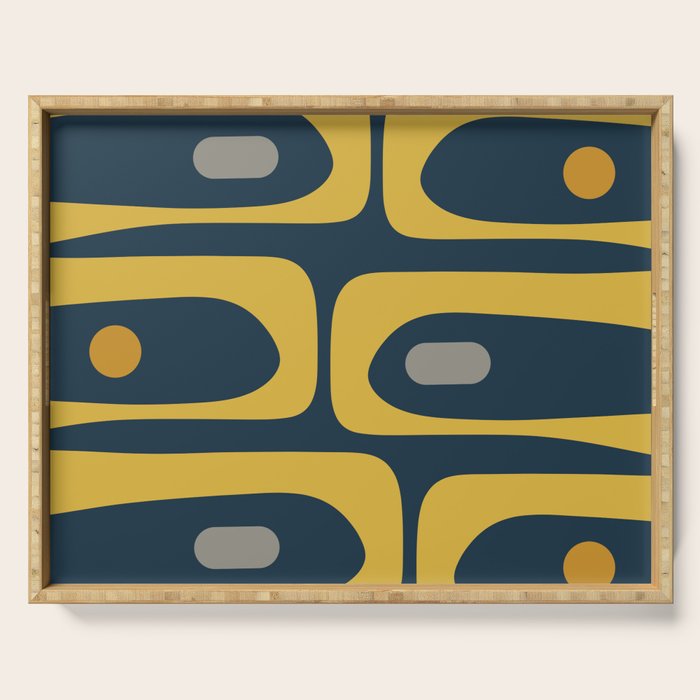 Mid Century Modern Piquet Abstract Minimalist Pattern in Light and Dark Mustard, Gray, and Navy Blue Serving Tray Gallery Image 1