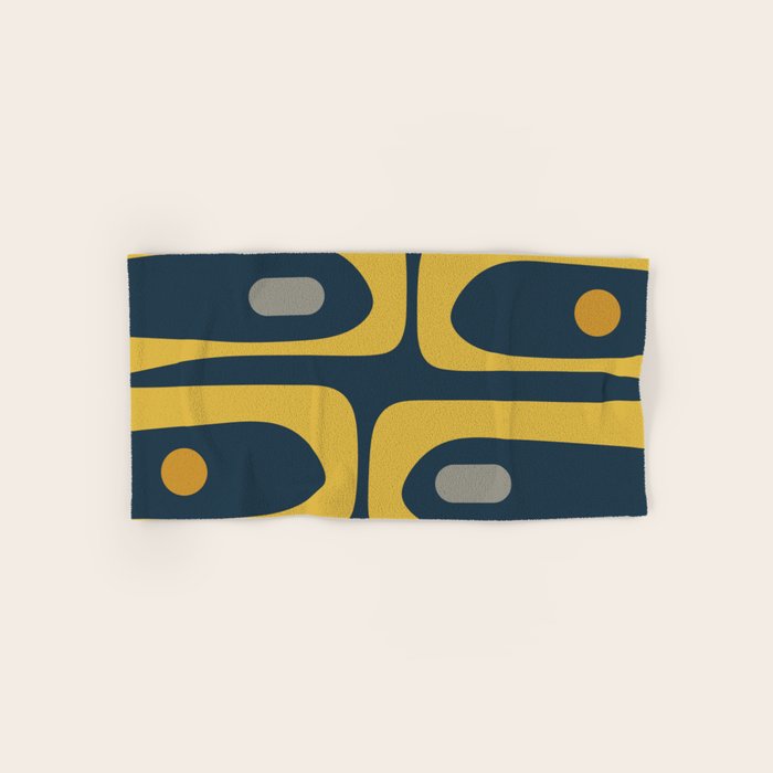 Mid Century Modern Piquet Abstract Minimalist Pattern in Light and Dark Mustard, Gray, and Navy Blue Bath Towel Gallery Image 1