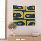 Mid Century Modern Piquet Abstract Minimalist Pattern in Light and Dark Mustard, Gray, and Navy Blue Wall Tapestry Gallery Image 2