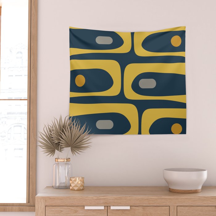 Mid Century Modern Piquet Abstract Minimalist Pattern in Light and Dark Mustard, Gray, and Navy Blue Wall Tapestry Gallery Image 2