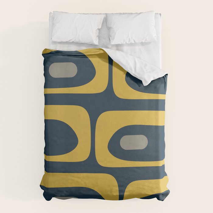 Mid Century Modern Piquet Abstract Minimalist Pattern in Light and Dark Mustard, Gray, and Navy Blue Duvet Cover Gallery Image 1