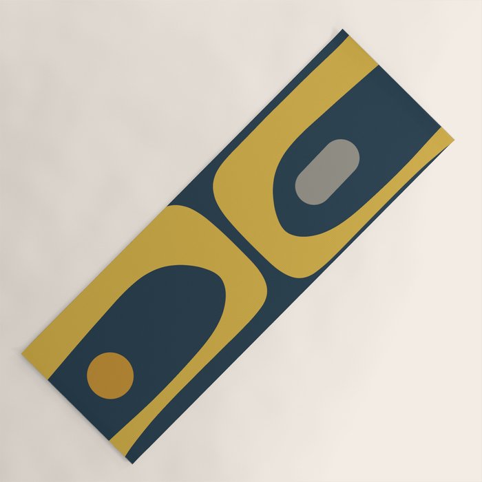 Mid Century Modern Piquet Abstract Minimalist Pattern in Light and Dark Mustard, Gray, and Navy Blue Yoga Mat Gallery Image 1