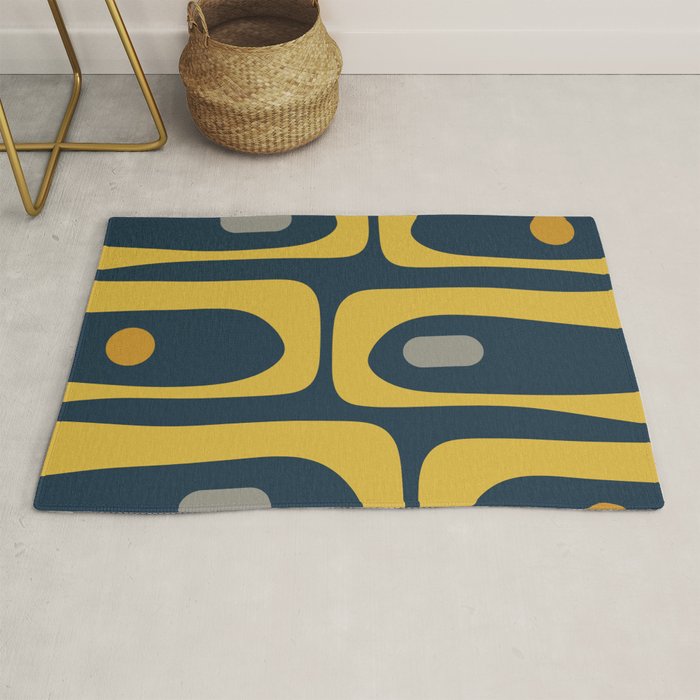 Mid Century Modern Piquet Abstract Minimalist Pattern in Light and Dark Mustard, Gray, and Navy Blue Rug Gallery Image 1