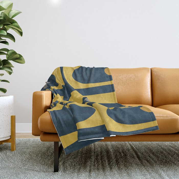 Mid Century Modern Piquet Abstract Minimalist Pattern in Light and Dark Mustard, Gray, and Navy Blue Throw Blanket Gallery Image 1