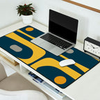 Mid Century Modern Piquet Abstract Minimalist Pattern in Light and Dark Mustard, Gray, and Navy Blue Desk Mat Gallery Image 2