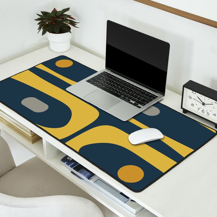 Mid Century Modern Piquet Abstract Minimalist Pattern in Light and Dark Mustard, Gray, and Navy Blue Desk Mat Gallery Image 2