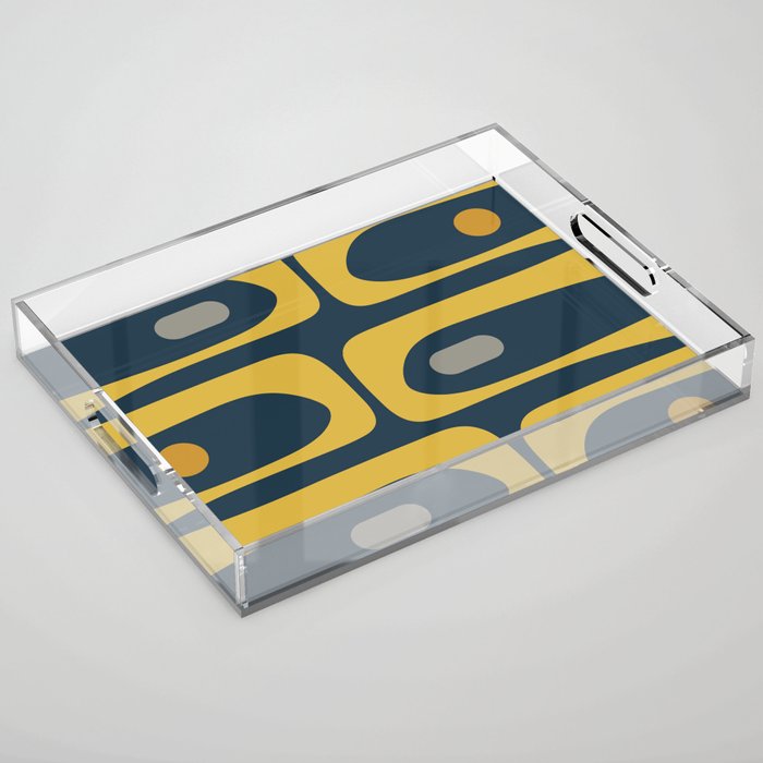 Mid Century Modern Piquet Abstract Minimalist Pattern in Light and Dark Mustard, Gray, and Navy Blue Acrylic Tray Gallery Image 1