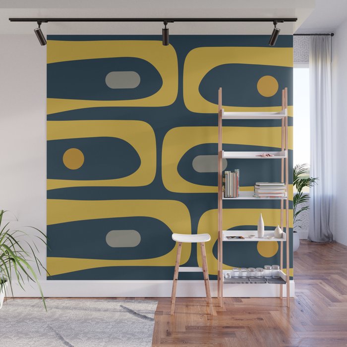 Mid Century Modern Piquet Abstract Minimalist Pattern in Light and Dark Mustard, Gray, and Navy Blue Wall Mural Gallery Image 1