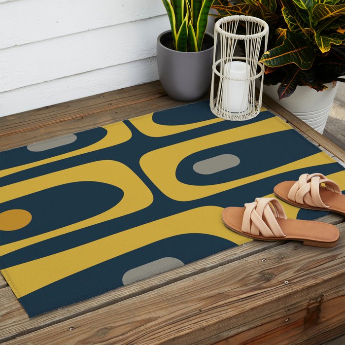 Mid Century Modern Piquet Abstract Minimalist Pattern in Light and Dark Mustard, Gray, and Navy Blue Outdoor Rug Gallery Image 2
