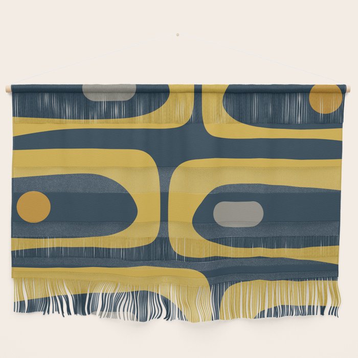 Mid Century Modern Piquet Abstract Minimalist Pattern in Light and Dark Mustard, Gray, and Navy Blue Wall Hanging Gallery Image 1