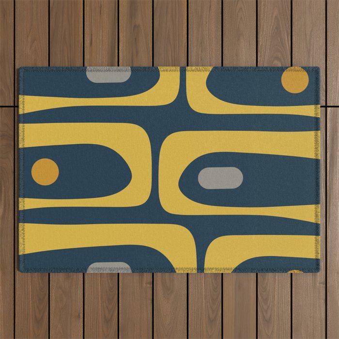 Mid Century Modern Piquet Abstract Minimalist Pattern in Light and Dark Mustard, Gray, and Navy Blue Outdoor Rug Gallery Image 1