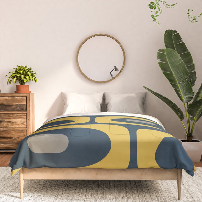Mid Century Modern Piquet Abstract Minimalist Pattern in Light and Dark Mustard, Gray, and Navy Blue Comforter Gallery Image 3