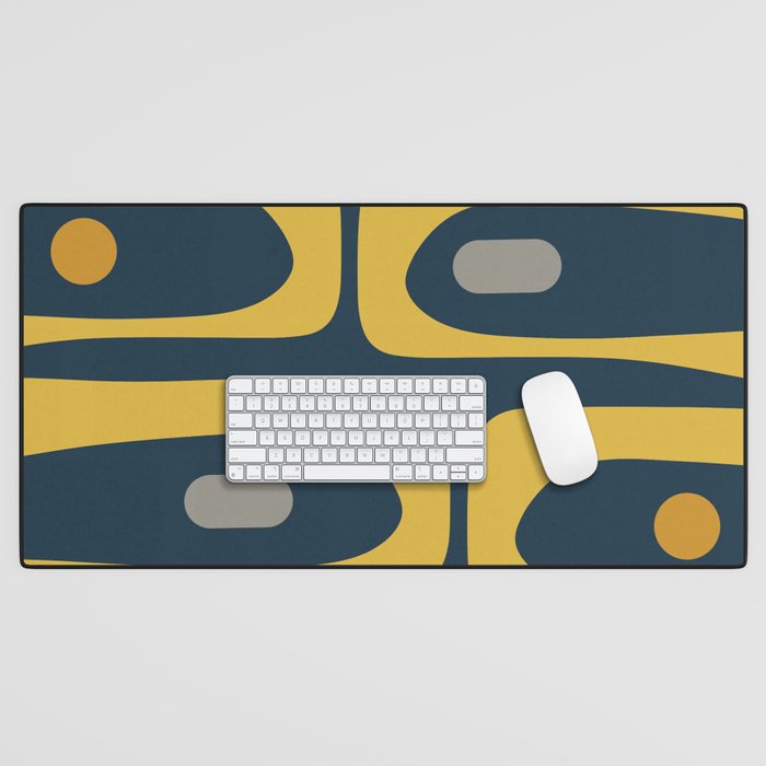 Mid Century Modern Piquet Abstract Minimalist Pattern in Light and Dark Mustard, Gray, and Navy Blue Desk Mat Gallery Image 1