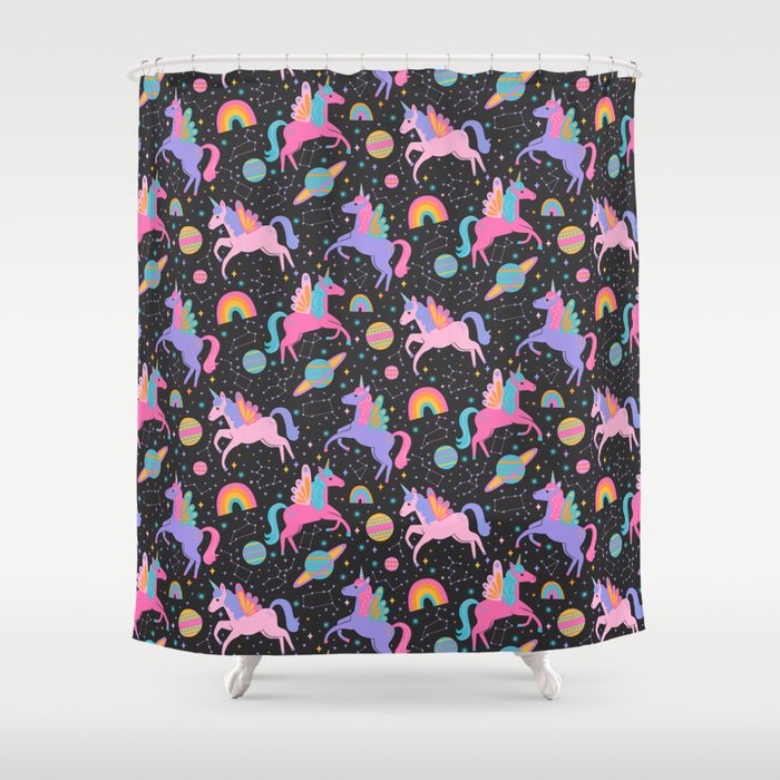 Space Unicorns - Neon Rainbow on Black Shower Curtain Gallery Image 1