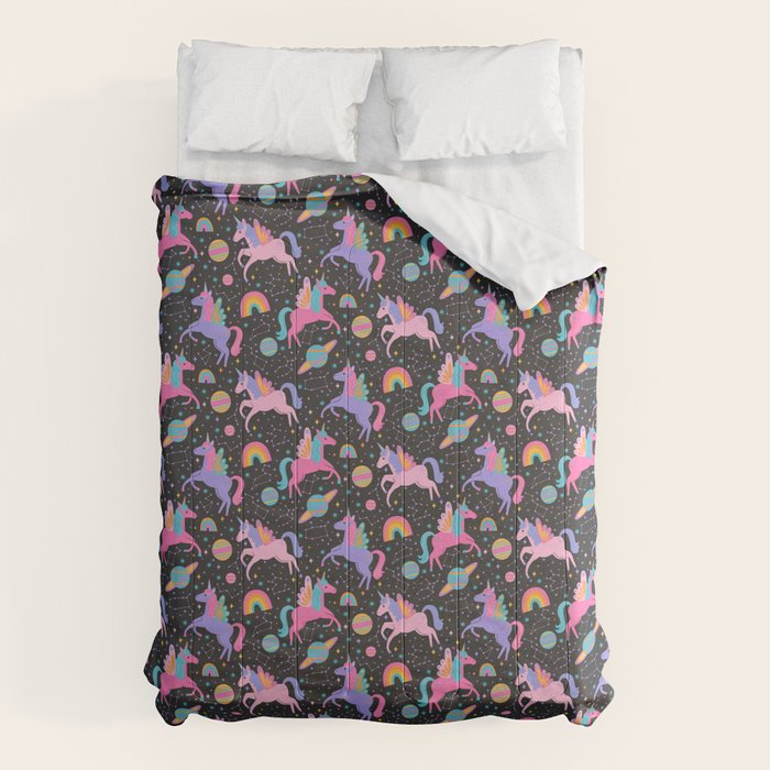 Space Unicorns - Neon Rainbow on Black Comforter Gallery Image 6